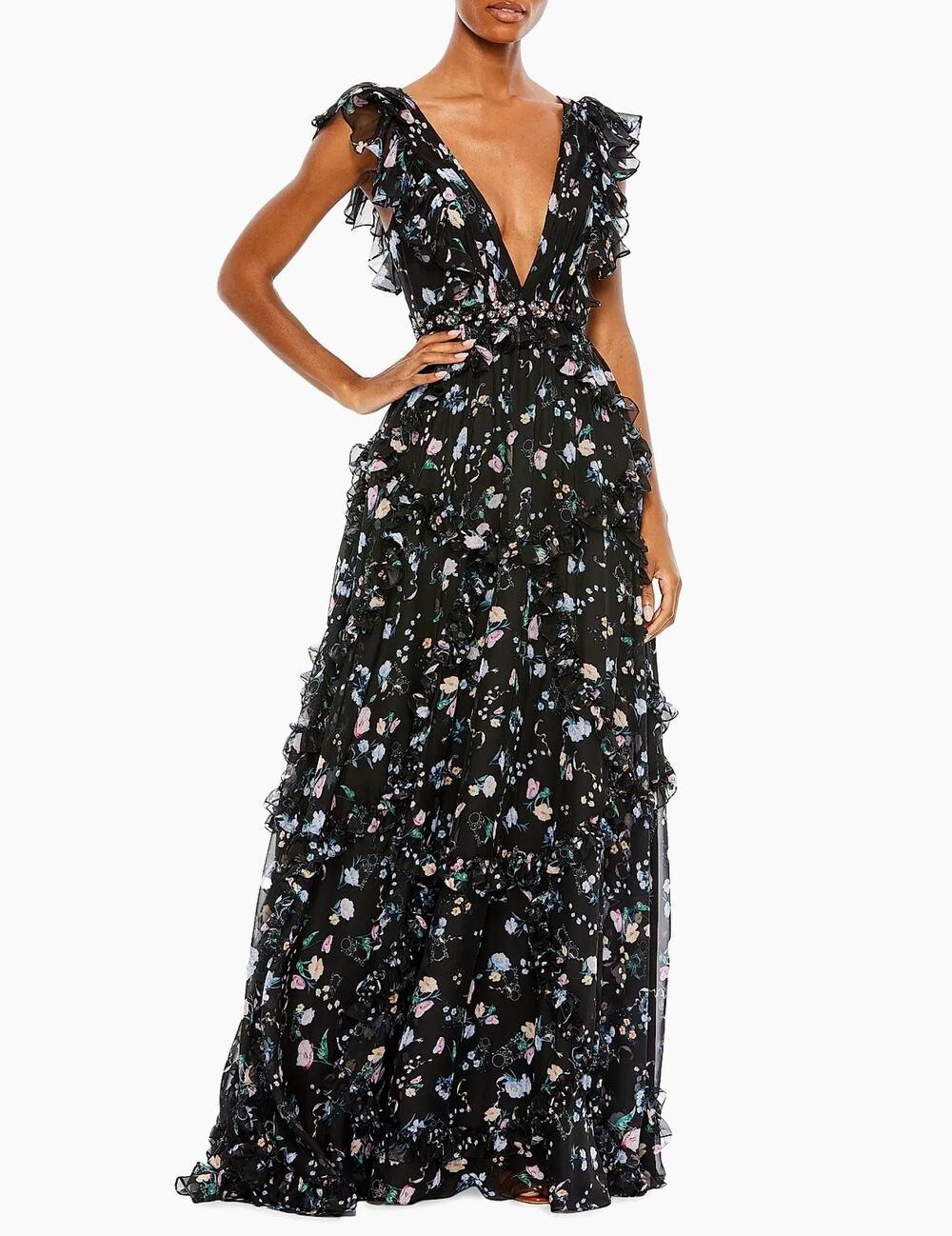 Mac Duggal Floral Ruffle V-neck Gown